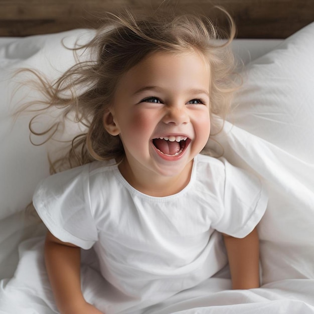 a little girl is smiling and laughing on a white bed