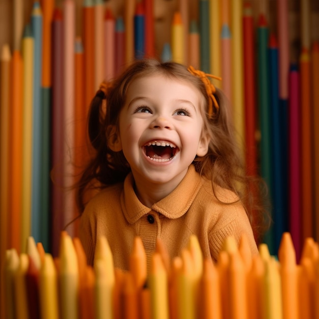Photo a little girl is smiling and laughing with a bunch of colored pencils in front of her.