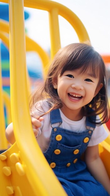 Photo a little girl is smiling and laughing on a yellow slide