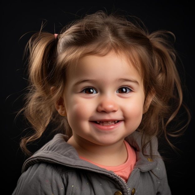 a little girl is smiling in a studio with a black background
