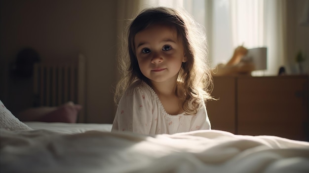 A little girl is standing on a bed and looking at the camera.