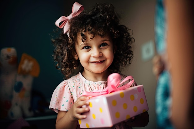 A little girl is standing in front of you clutching a gift box in her little hands