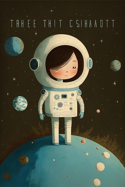 Photo a little girl is standing on a planet with the words  astronaut  on it