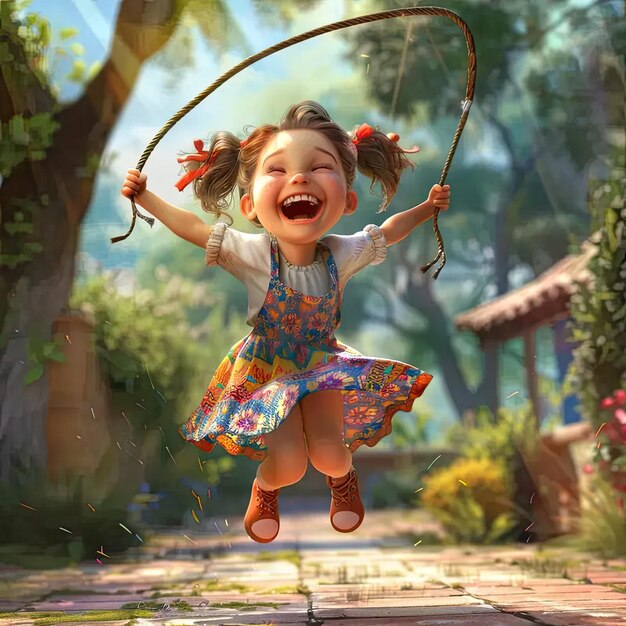 A little girl is swinging on a swing