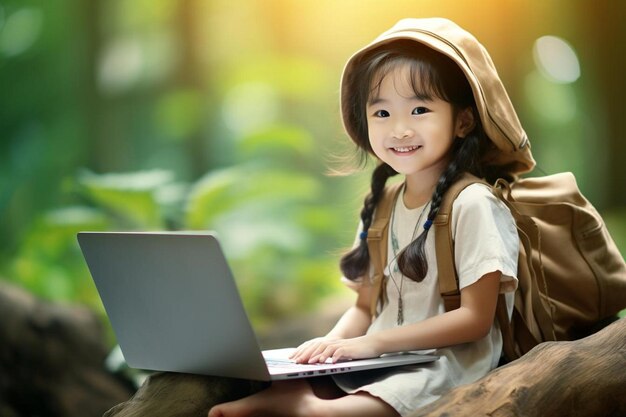 a little girl is using a laptop and she is using a laptop