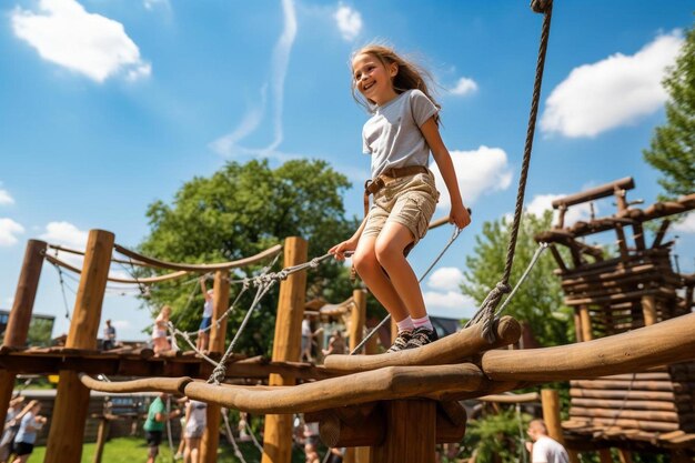 a little girl is walking on a rope course