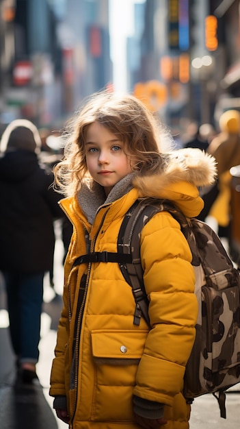 A little girl is walking on the street with a taxi parked