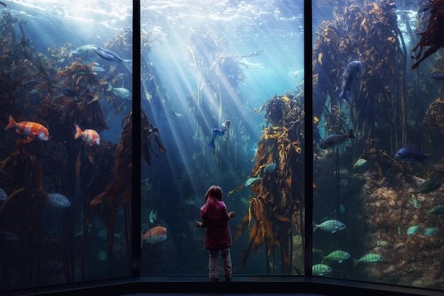 little girl is watching on mermaid in aquarium