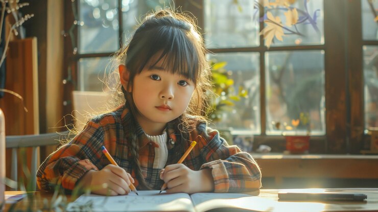 Photo 小さな女の子が手にペンを持ってノートに書いています