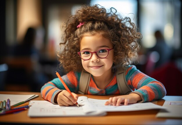 Photo little girl is writing on paper