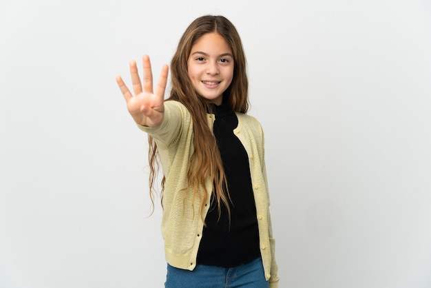 Little girl over isolated white background happy and counting four with fingers