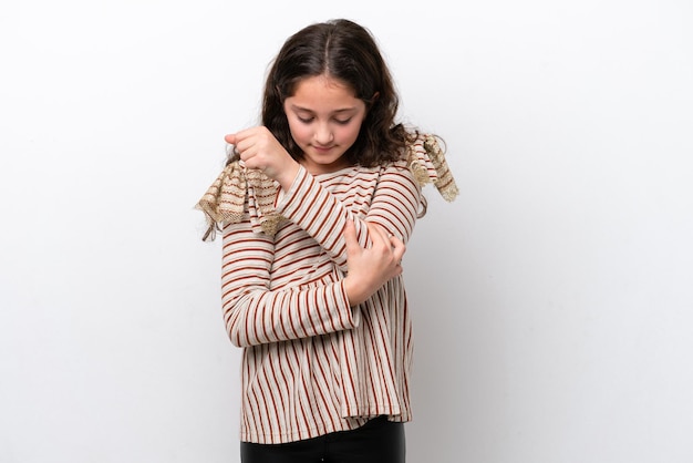 Little girl isolated on white background with pain in elbow