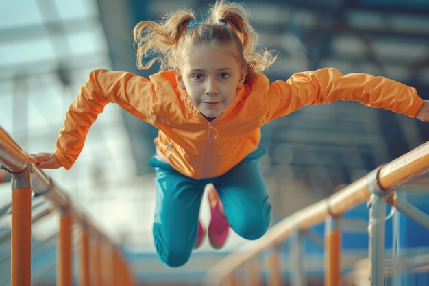 写真 スタジアムでハードルを越えてジョギングする小さな女の子