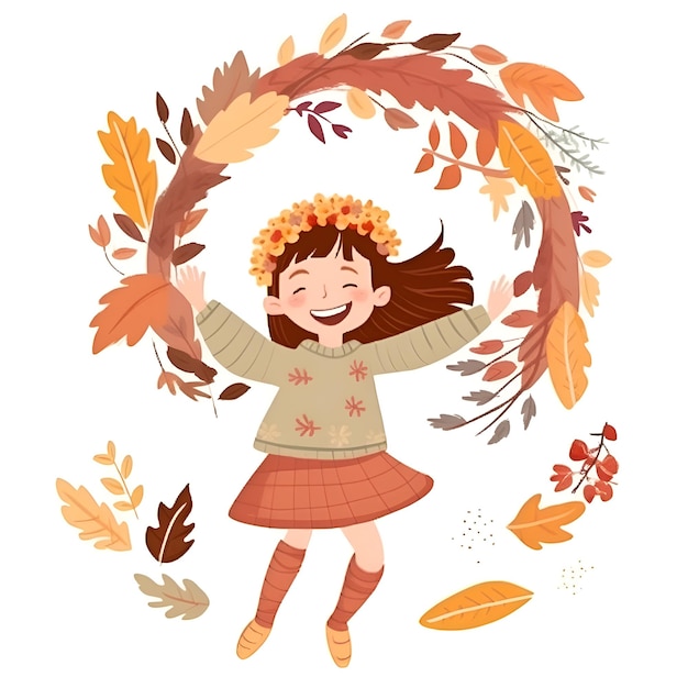 A little girl jumping in a circle of autumn leaves