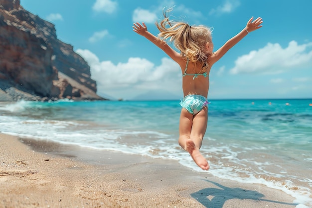 a little girl jumps into the water on a sunny day