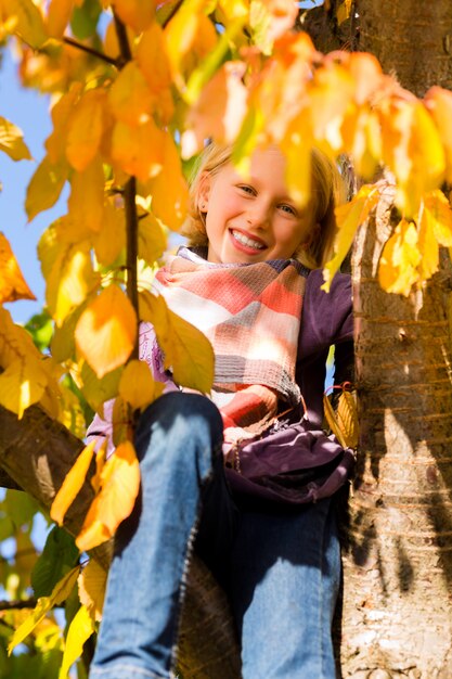 Little girl or kid in tree in colorful autumn or fall