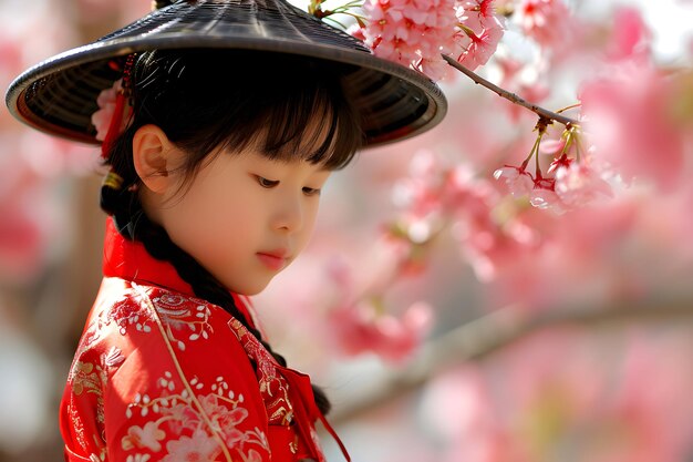 Photo little girl in kimono dress looking sakura flower or cherry blossom blooming in the garden