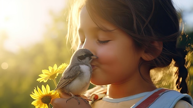 Photo little girl kissing bird in sunny field with blue sky at golden hour