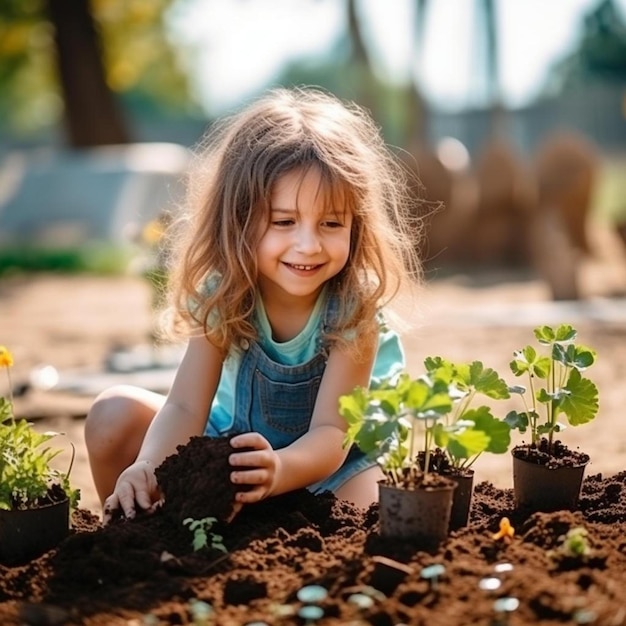 어린 소녀는 식물과 함께 흙 속에 무릎을 꿇고 있다