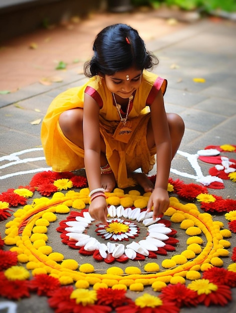 a little girl kneeling on the ground making a flower design