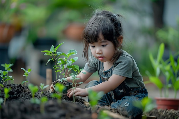 木を植えるためにひざまずく小さな女の子