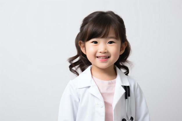 a little girl in a lab coat holding a pair of scissors