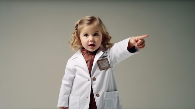 A little girl in a lab coat points at the camera.