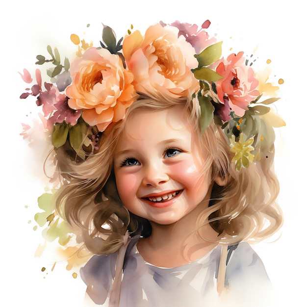 Little girl laughing colorful flower headdress