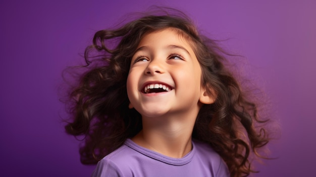 Little girl laughing on purple background