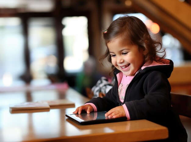 写真 小さな女の子がテーブルで電子デバイスで遊んで笑っています