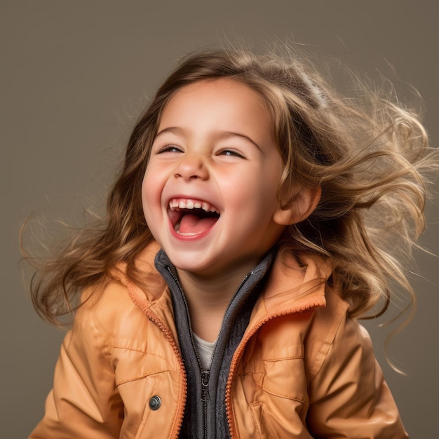 a little girl laughing while wearing an orange jacket