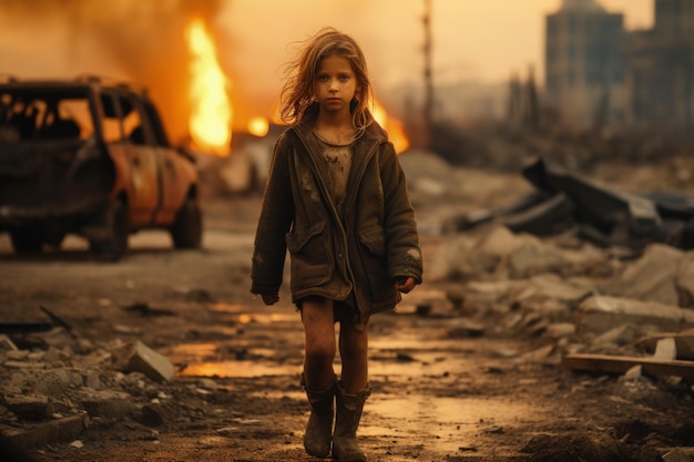 Little girl laying on bed of hospital destroyed by bombing in the war