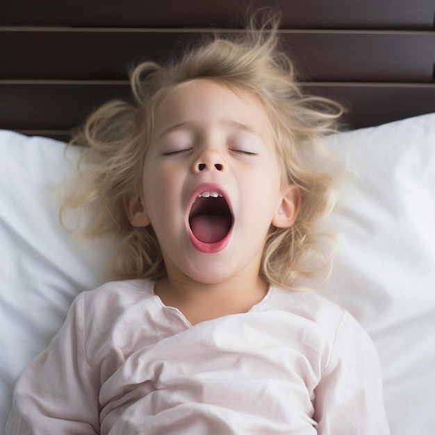 a little girl laying in a bed with her mouth open