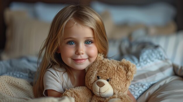 Little Girl Laying in Bed With Teddy Bear