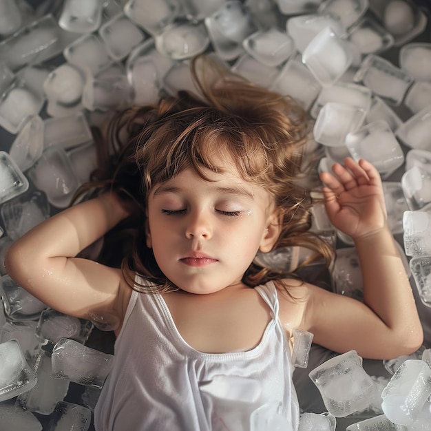 a little girl laying in ice with her eyes closed