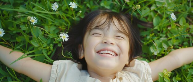 写真 草の中に横たわって微笑む小さな女の子