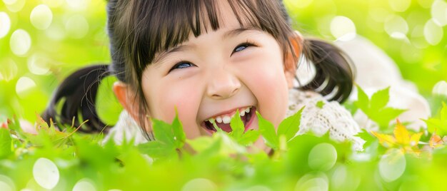 写真 口を開けて草の中に横たわっている小さな女の子