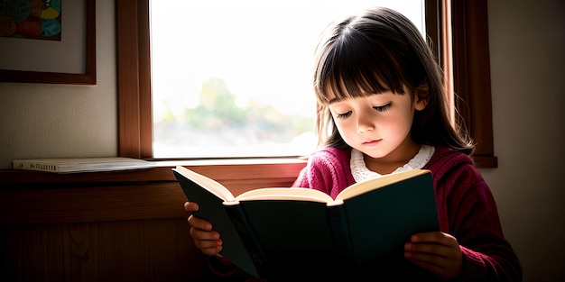 Little girl learning how to read from a book