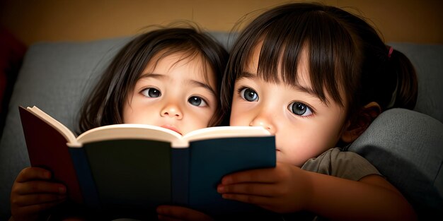 Little girl learning how to read from a book