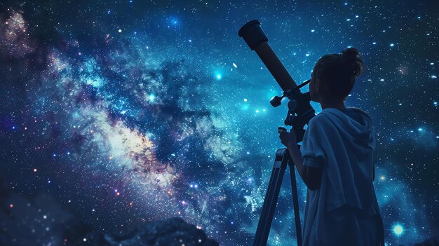 写真 小さな女の子が望遠鏡を通して星を見ています 星の夜空