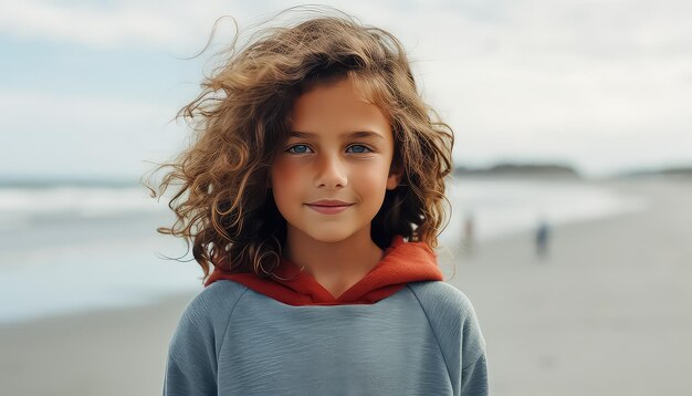 Little girl looking at camera in lightcolored clothes on the beach