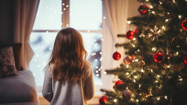 A little girl looking out a window at a christmas tree