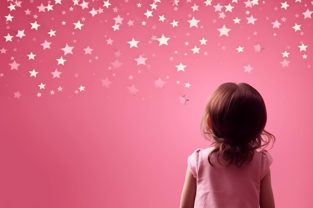 A little girl looking at stars on a pink background