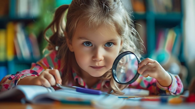 Фото Маленькая девочка смотрит через увеличительное стекло она сидит за столом и перед ней книги и бумаги