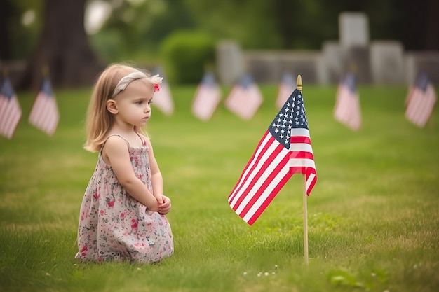 A little girl looks at a flag in the grass