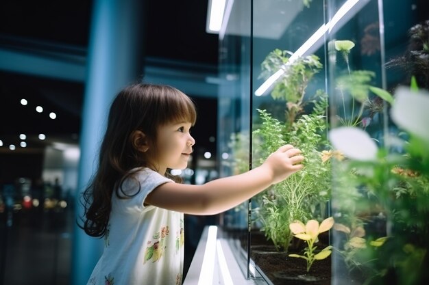 Маленькая девочка с интересом смотрит на небольшое светящееся растение, растущее в стеклянной искусственной экосистеме.