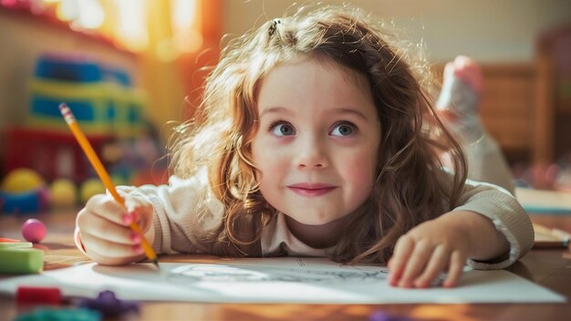 Little girl lying on the floor dreaming awake with a pencil and a paper