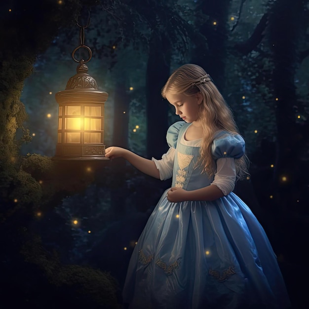 Маленькая девочка в средневековом платье с фонарем в лесу 3d рендеринг