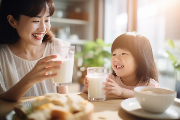 Little girl and mother happily having breakfast in the kitchen