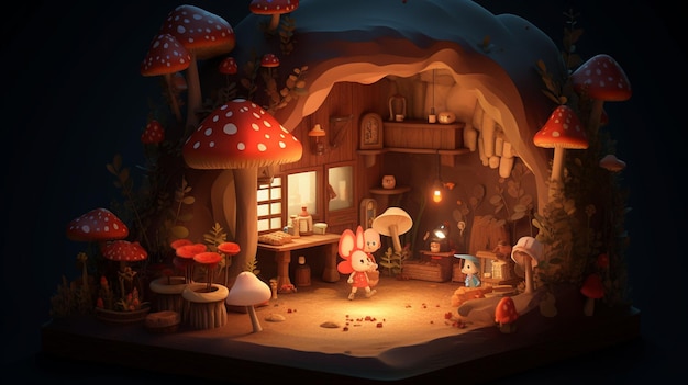 A little girl in a mushroom house